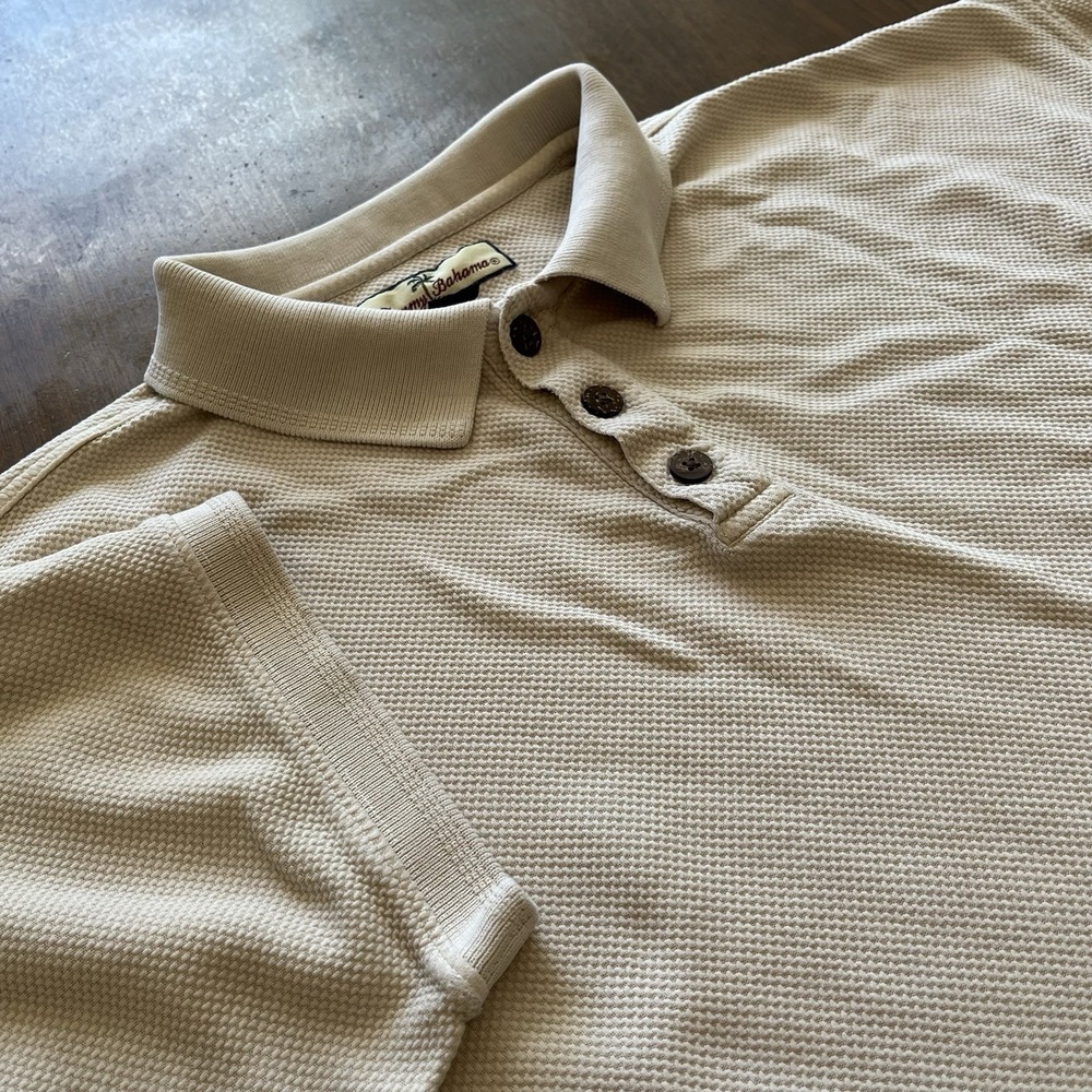 TOMMY BAHAMA Mens XL Beige Silk Cotton Polo Shirt Short Sleeve